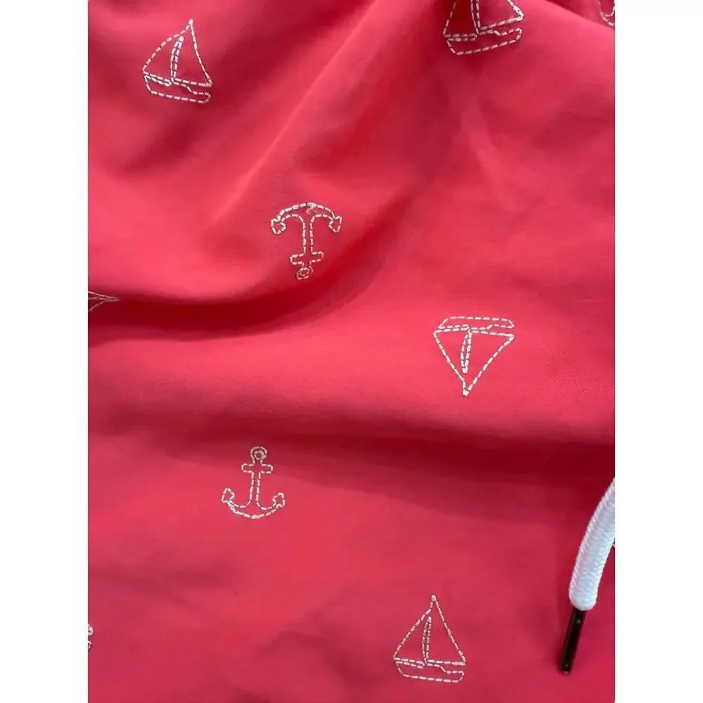 Trunks Surf & Swim Red Beach Embroidered Elastic Waist Drawstring Shorts Size S